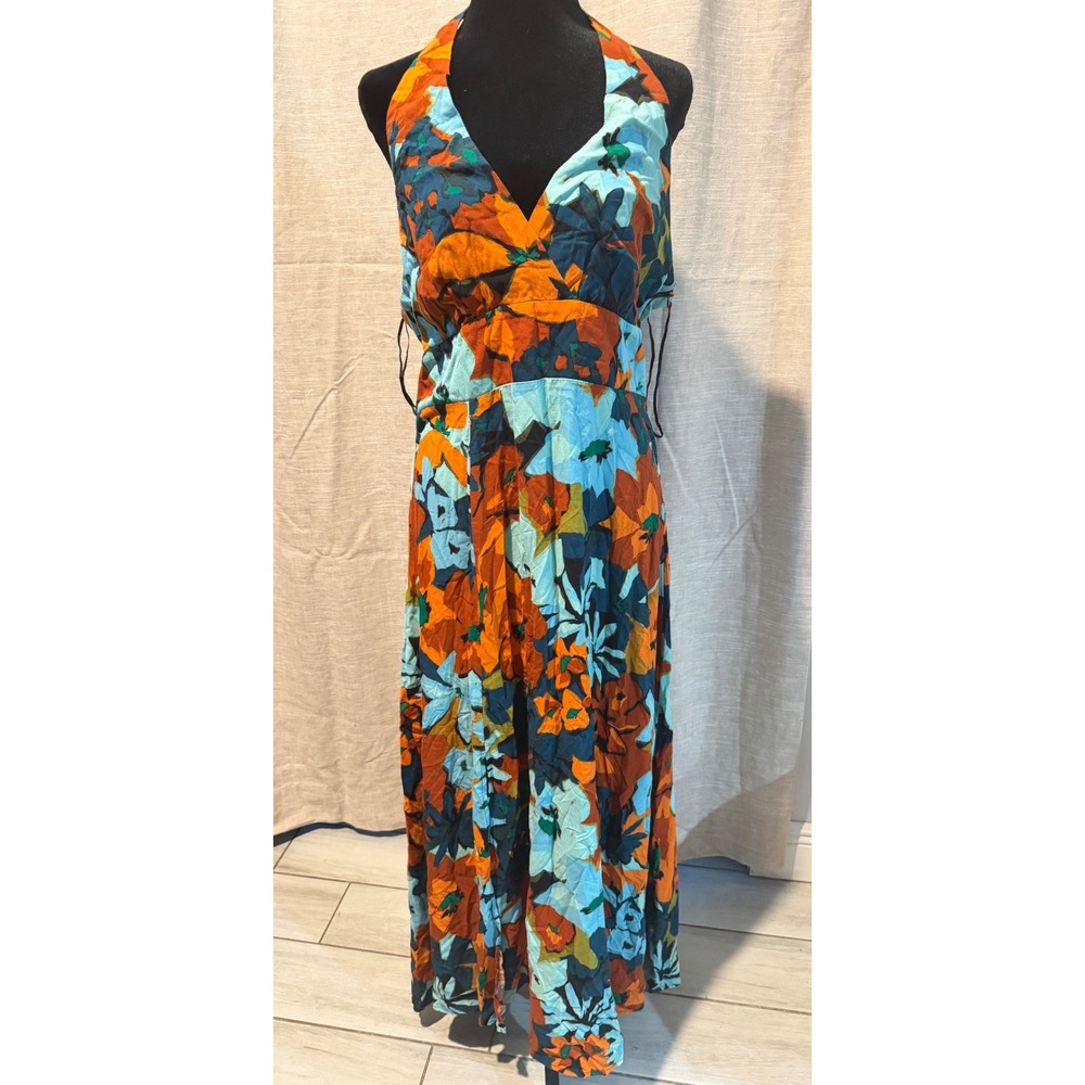 1.STATE Floral‎ Halter Maxi Dress XL Orange Teal T-Back Rayon Summer V-Neck